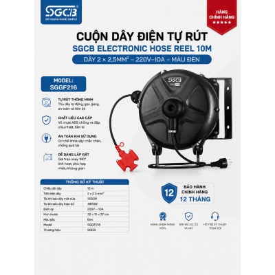 Cuộn dây điện tự rút SGCB SGGF216 dây 10 mét, Giải pháp cấp điện tiện lợi cho garage và chăm sóc xe