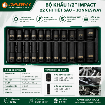 Bộ khẩu 22 chi tiết Hãng  JONNESWAY S03A4122SP – Khẩu súng vặn ốc 1/2" hệ mét, ngắn & dài