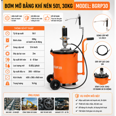 Bơm mỡ bằng khí nén 501, 30kg Model BGRP30 Giải pháp bơm mỡ chuyên nghiệp cho garage