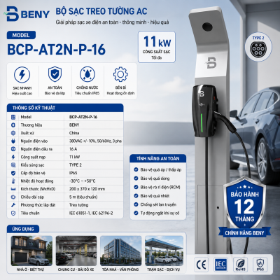 Bộ sạc treo tường AC 11kW BENY BCP-AT2N-P-16 – Giải pháp sạc xe ô tô điện tại nhà và doanh nghiệp